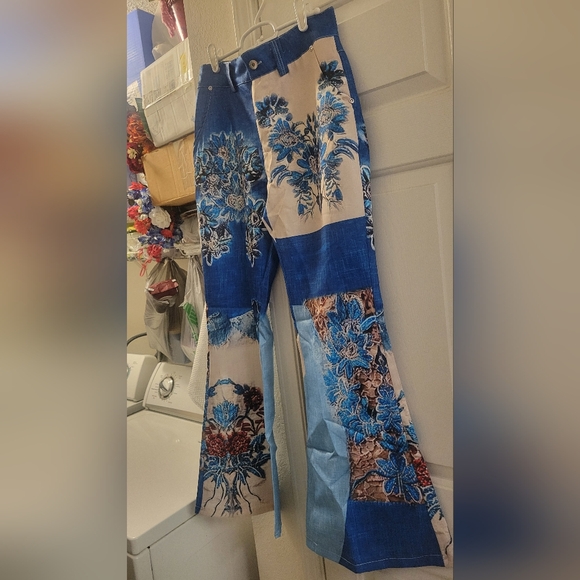 Comstylish Denim - Blue Floral Patchwork Pants